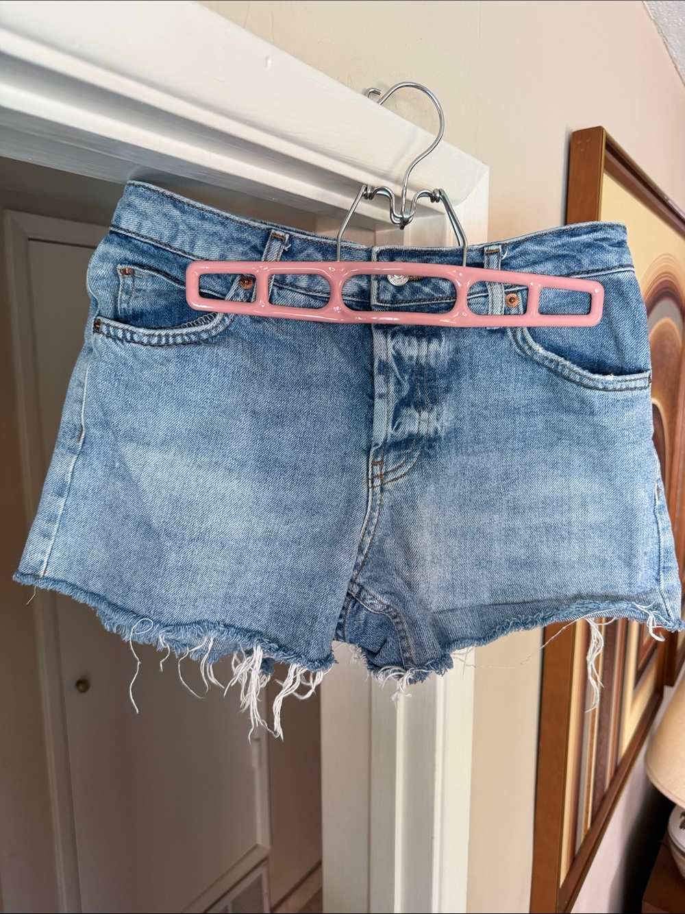 Topshop Moto frayed hem slightly distressed high waisted denim jean shorts